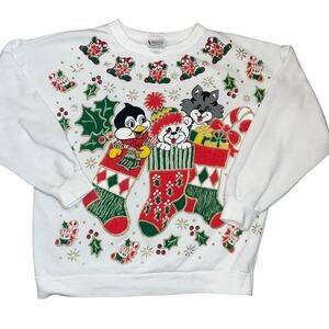 Vintage Christmas animals stockings  candy cane glittered sweatshirt size  Med